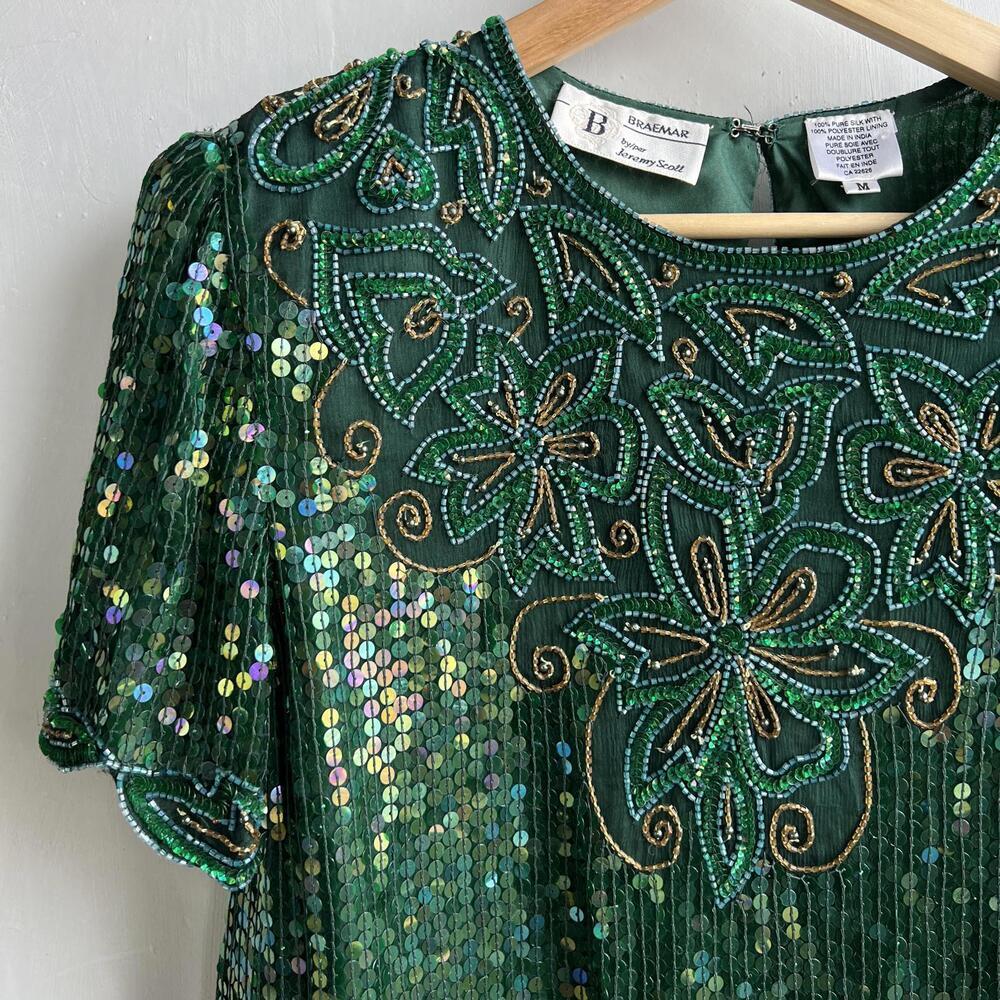 Vintage Braemar Silk Sequin Beaded Top Green 80s Evening M - Picture 4 of 14